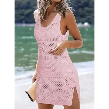 Dokotoo Beach Bathing Suit Cover Ups for Women 2024 Summer Fashion Scoop Neck Sleeveless Hollow Out Knit Crochet Dress Sheer Side Split Casual Resort Wear Coverup Dresses Pink Small