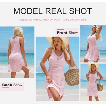 Dokotoo Beach Bathing Suit Cover Ups for Women 2024 Summer Fashion Scoop Neck Sleeveless Hollow Out Knit Crochet Dress Sheer Side Split Casual Resort Wear Coverup Dresses Pink Small