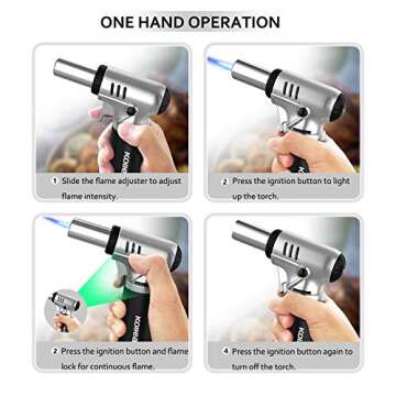 Kollea Butane Torch Lighter, Mini Kitchen Cooking Torch Lighter with Fuel Gauge & Continuous Flame Lock & Nozzle, Culinary Blow Creme Brulee Torch for Baking Food Desserts (Butane Gas Not Included)