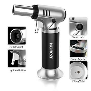 Kollea Butane Torch Lighter, Mini Kitchen Cooking Torch Lighter with Fuel Gauge & Continuous Flame Lock & Nozzle, Culinary Blow Creme Brulee Torch for Baking Food Desserts (Butane Gas Not Included)