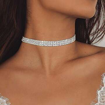 5 Pieces Silver Rhinestone Choker Necklaces for Women
