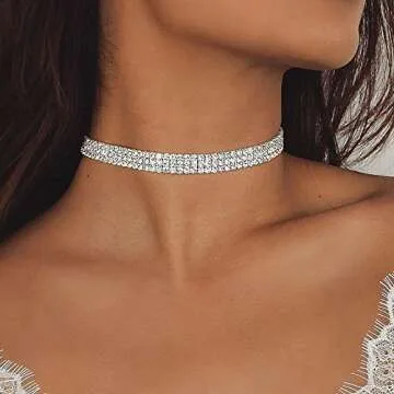 5 Pieces Silver Rhinestone Choker Necklaces for Women