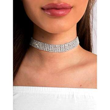 5 Pieces Silver Rhinestone Choker Necklaces for Women