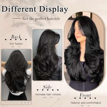 FREEMEIGE Clip in Hair Extensions,Black Hair Extensions for Women Straight Layered Hair Extensions Synthetic Heat Resistant Long Wavy Daily Use 20 Inch