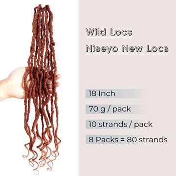 Niseyo Wild Locs 18 Inch Distressed New Faux Locs with Curly Ends 8 Packs Long Soft Pre-looped Goddess Locs Crochet Hair (350#, Ginger Red)