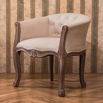 VONLUCE French Vintage Accent Chair for Living Room, Bergere Upholstered Fabric Dining Armchair, Barrel Chair for Bedroom More, Modern Louis XV Chair with Curved Rubberwood Legs, Padded Seat, Beige