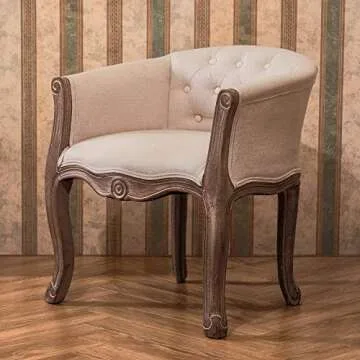 VONLUCE French Vintage Accent Chair for Living Room, Bergere Upholstered Fabric Dining Armchair, Barrel Chair for Bedroom More, Modern Louis XV Chair with Curved Rubberwood Legs, Padded Seat, Beige