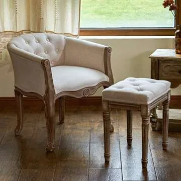 VONLUCE French Vintage Accent Chair for Living Room, Bergere Upholstered Fabric Dining Armchair, Barrel Chair for Bedroom More, Modern Louis XV Chair with Curved Rubberwood Legs, Padded Seat, Beige