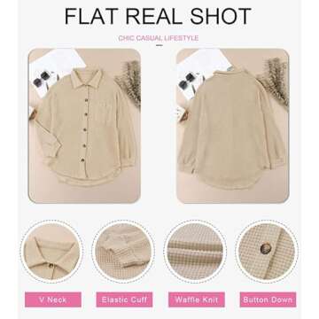 Dokotoo Women Waffle Knit Shirts Long Sleeve Plus Size Shacket Lightweight Collared V Neck Button Up Blouses Casual Fashion Spring Jacket Women Apricot Medium