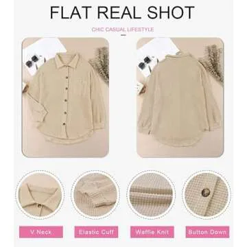 Dokotoo Women Waffle Knit Shirts Long Sleeve Plus Size Shacket Lightweight Collared V Neck Button Up Blouses Casual Fashion Spring Jacket Women Apricot Medium