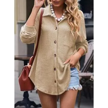 Dokotoo Women Waffle Knit Shirts Long Sleeve Plus Size Shacket Lightweight Collared V Neck Button Up Blouses Casual Fashion Spring Jacket Women Apricot Medium