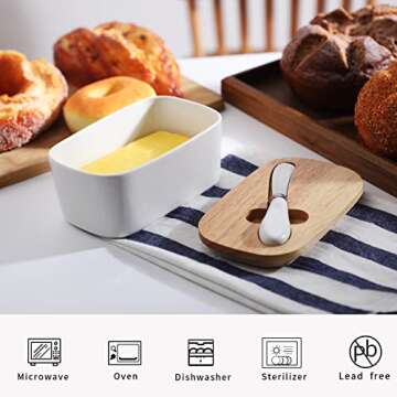 Large Ceramic Butter Dish for Countertop Butter Keeper with Silicone Sealing, Natural Wooden Lid and...