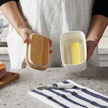 Large Ceramic Butter Dish for Countertop Butter Keeper with Silicone Sealing, Natural Wooden Lid and Stainless Steel Knife, Kitchen Decor and Accessories for Kitchen Gifts (White)