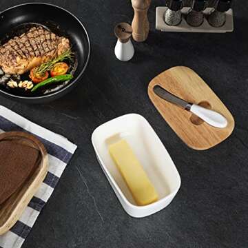 Large Ceramic Butter Dish for Countertop Butter Keeper with Silicone Sealing, Natural Wooden Lid and Stainless Steel Knife, Kitchen Decor and Accessories for Kitchen Gifts (White)