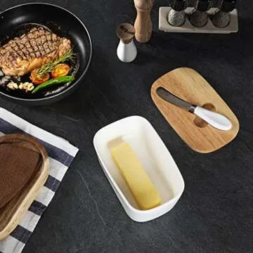 Large Ceramic Butter Dish for Countertop Butter Keeper with Silicone Sealing, Natural Wooden Lid and Stainless Steel Knife, Kitchen Decor and Accessories for Kitchen Gifts (White)