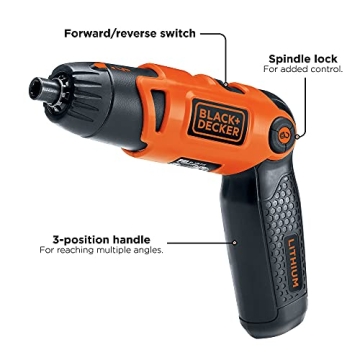 BLACK+DECKER Electric Screwdriver, Cordless, 180 RPM, 3.6V, Spindle Lock with Pivoting Handle, Charger and 2 Hex Shank Bits Included (Li2000)