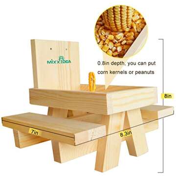 MIXXIDEA Squirrel Feeder Table, Wooden Squirrel Picnic Table Feeder, Durable Squirrel Feeder Corn Cob, with Solid Structure and 2 x Thick Benches, Stable Squirrels Feeder, 8.3 x 7 x 8 Inches