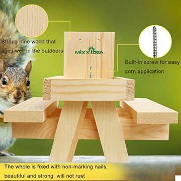 MIXXIDEA Squirrel Feeder Table, Wooden Squirrel Picnic Table Feeder, Durable Squirrel Feeder Corn Cob, with Solid Structure and 2 x Thick Benches, Stable Squirrels Feeder, 8.3 x 7 x 8 Inches