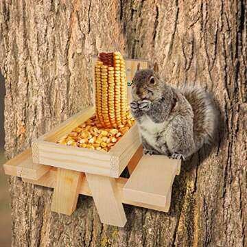 MIXXIDEA Squirrel Feeder Table, Wooden Squirrel Picnic Table Feeder, Durable Squirrel Feeder Corn Cob, with Solid Structure and 2 x Thick Benches, Stable Squirrels Feeder, 8.3 x 7 x 8 Inches