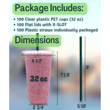 Durable 32 oz Clear Plastic Cups with Lids and Straws