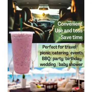 Durable 32 oz Clear Plastic Cups with Lids and Straws
