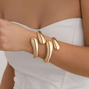 Inactwin Gold Bangle Bracelets for Women Chunky Cuff Bracelet 18K Gold Plated Open Teardrop Bangle S...