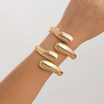 Inactwin Gold Bangle Bracelets for Women Chunky Cuff Bracelet 18K Gold Plated Open Teardrop Bangle Set Wide Wire Irregular Minimalist Silver Jewelry (thick gold bangles 2pc)