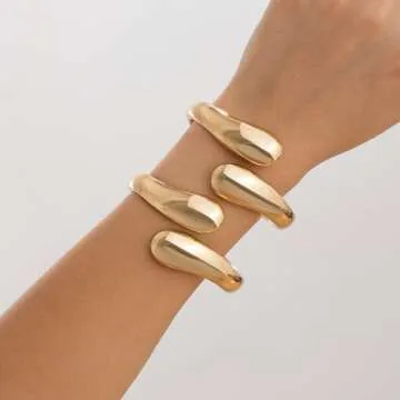 Inactwin Gold Bangle Bracelets for Women Chunky Cuff Bracelet 18K Gold Plated Open Teardrop Bangle Set Wide Wire Irregular Minimalist Silver Jewelry (thick gold bangles 2pc)