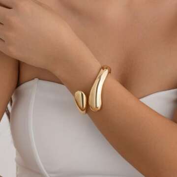 Inactwin Gold Bangle Bracelets for Women Chunky Cuff Bracelet 18K Gold Plated Open Teardrop Bangle Set Wide Wire Irregular Minimalist Silver Jewelry (thick gold bangles 2pc)