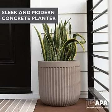 Ilyapa 14x14 inch Fluted Large Modern Concrete Outdoor Planter, Large Indoor Plant Pot with Drainage - Cement Vase for Tree, Porch, Deck, 14 Inch Pots for Plants, Indoor/Outdoor