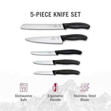 Victorinox Swiss Classic Kitchen Knife Set, 5 Pieces - Paring Knives, Utility Knife, Carving Knife and Bread Knife - Black, Multiple
