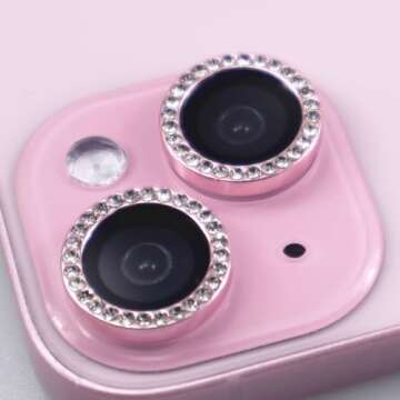 BONVAN iPhone 15/15 Plus Camera Lens Protector - Bling Glitter Diamond Metal Crystal Tempered Glass Screen Accessories - Rhinestones Lens Cover - Pink