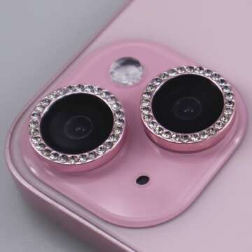 BONVAN iPhone 15/15 Plus Camera Lens Protector - Bling Glitter Diamond Metal Crystal Tempered Glass Screen Accessories - Rhinestones Lens Cover - Pink