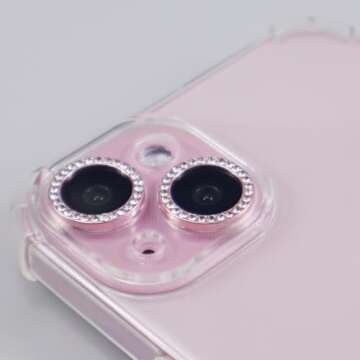 BONVAN iPhone 15/15 Plus Camera Lens Protector - Bling Glitter Diamond Metal Crystal Tempered Glass Screen Accessories - Rhinestones Lens Cover - Pink