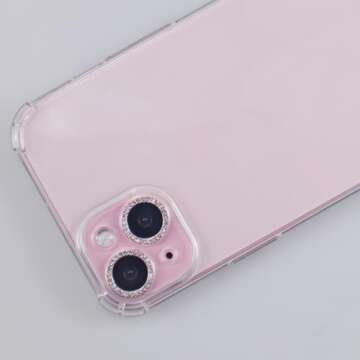 BONVAN iPhone 15/15 Plus Camera Lens Protector - Bling Glitter Diamond Metal Crystal Tempered Glass Screen Accessories - Rhinestones Lens Cover - Pink