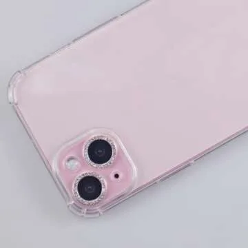 BONVAN iPhone 15/15 Plus Camera Lens Protector - Bling Glitter Diamond Metal Crystal Tempered Glass Screen Accessories - Rhinestones Lens Cover - Pink