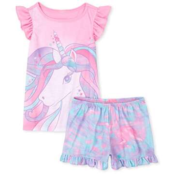 The Children's Place Big Girls Sleeveless Unicorn Graphic Pajama Short Set, SPARKLPINK, X-Small (4)