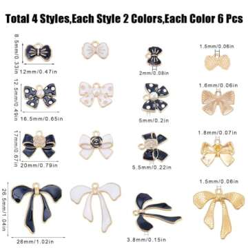 SUNNYCLUE 1 Box 48Pcs 8 Styles Black White Bow Charms Bulk Bowknot Charms Mini Enamel Pearl Flower B...