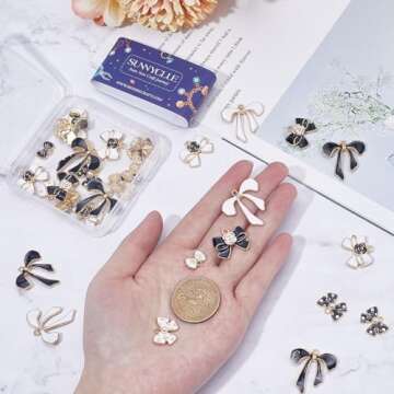 SUNNYCLUE 1 Box 48Pcs 8 Styles Black White Bow Charms Bulk Bowknot Charms Mini Enamel Pearl Flower Bows Tie Romantic Valentine Floral Charm for Jewelry Making Charms Women DIY Necklaces Earrings