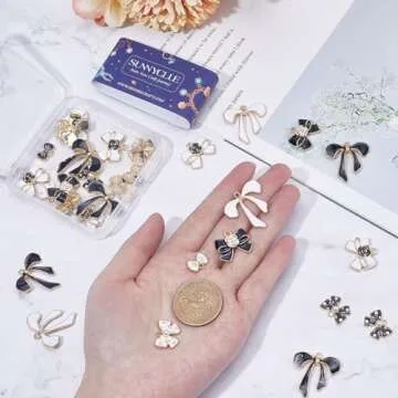 SUNNYCLUE 1 Box 48Pcs 8 Styles Black White Bow Charms Bulk Bowknot Charms Mini Enamel Pearl Flower Bows Tie Romantic Valentine Floral Charm for Jewelry Making Charms Women DIY Necklaces Earrings