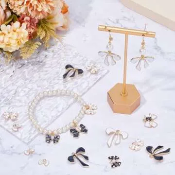 SUNNYCLUE 1 Box 48Pcs 8 Styles Black White Bow Charms Bulk Bowknot Charms Mini Enamel Pearl Flower Bows Tie Romantic Valentine Floral Charm for Jewelry Making Charms Women DIY Necklaces Earrings