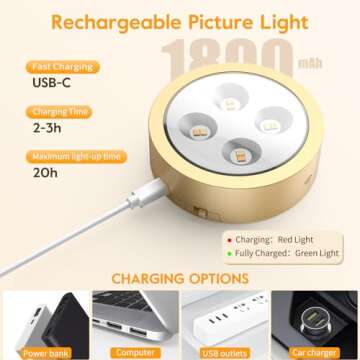 Brightown 2-Pack Picture Lights for Wall,Rechargeable Battery Operated Painting Light Magnetic Art Display Light with Remote, Puck Lights, Dimmable & Timer Art Lighting for Paintings Wireless,Gold