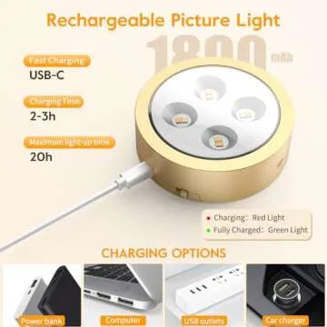 Brightown 2-Pack Picture Lights for Wall,Rechargeable Battery Operated Painting Light Magnetic Art Display Light with Remote, Puck Lights, Dimmable & Timer Art Lighting for Paintings Wireless,Gold