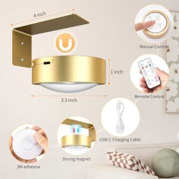 Brightown 2-Pack Picture Lights for Wall,Rechargeable Battery Operated Painting Light Magnetic Art Display Light with Remote, Puck Lights, Dimmable & Timer Art Lighting for Paintings Wireless,Gold