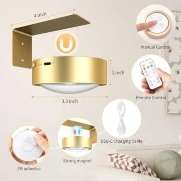 Brightown 2-Pack Picture Lights for Wall,Rechargeable Battery Operated Painting Light Magnetic Art Display Light with Remote, Puck Lights, Dimmable & Timer Art Lighting for Paintings Wireless,Gold