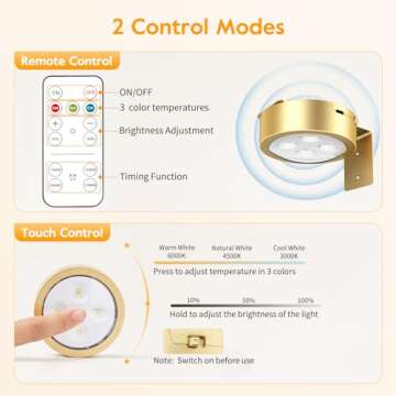 Brightown 2-Pack Picture Lights for Wall,Rechargeable Battery Operated Painting Light Magnetic Art Display Light with Remote, Puck Lights, Dimmable & Timer Art Lighting for Paintings Wireless,Gold