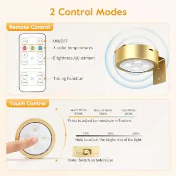 Brightown 2-Pack Picture Lights for Wall,Rechargeable Battery Operated Painting Light Magnetic Art Display Light with Remote, Puck Lights, Dimmable & Timer Art Lighting for Paintings Wireless,Gold