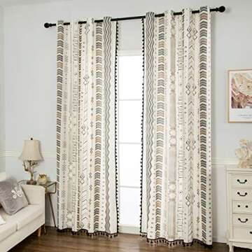 vctops Boho Geometric Print Curtains with Tassels Farmhouse Cotton Linen Room Darkening Window Drapes for Bedroom Grommet Top, 1 Panel (Beige,59"x71")