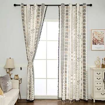 vctops Boho Geometric Print Curtains with Tassels Farmhouse Cotton Linen Room Darkening Window Drapes for Bedroom Grommet Top, 1 Panel (Beige,59"x71")