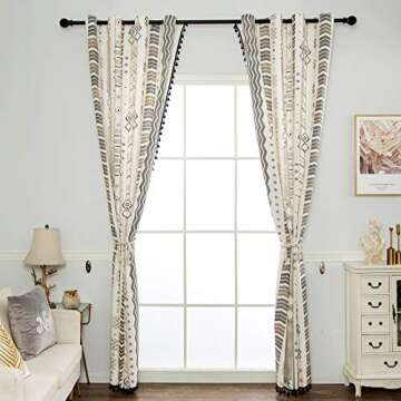 vctops Boho Geometric Print Curtains with Tassels Farmhouse Cotton Linen Room Darkening Window Drapes for Bedroom Grommet Top, 1 Panel (Beige,59"x71")
